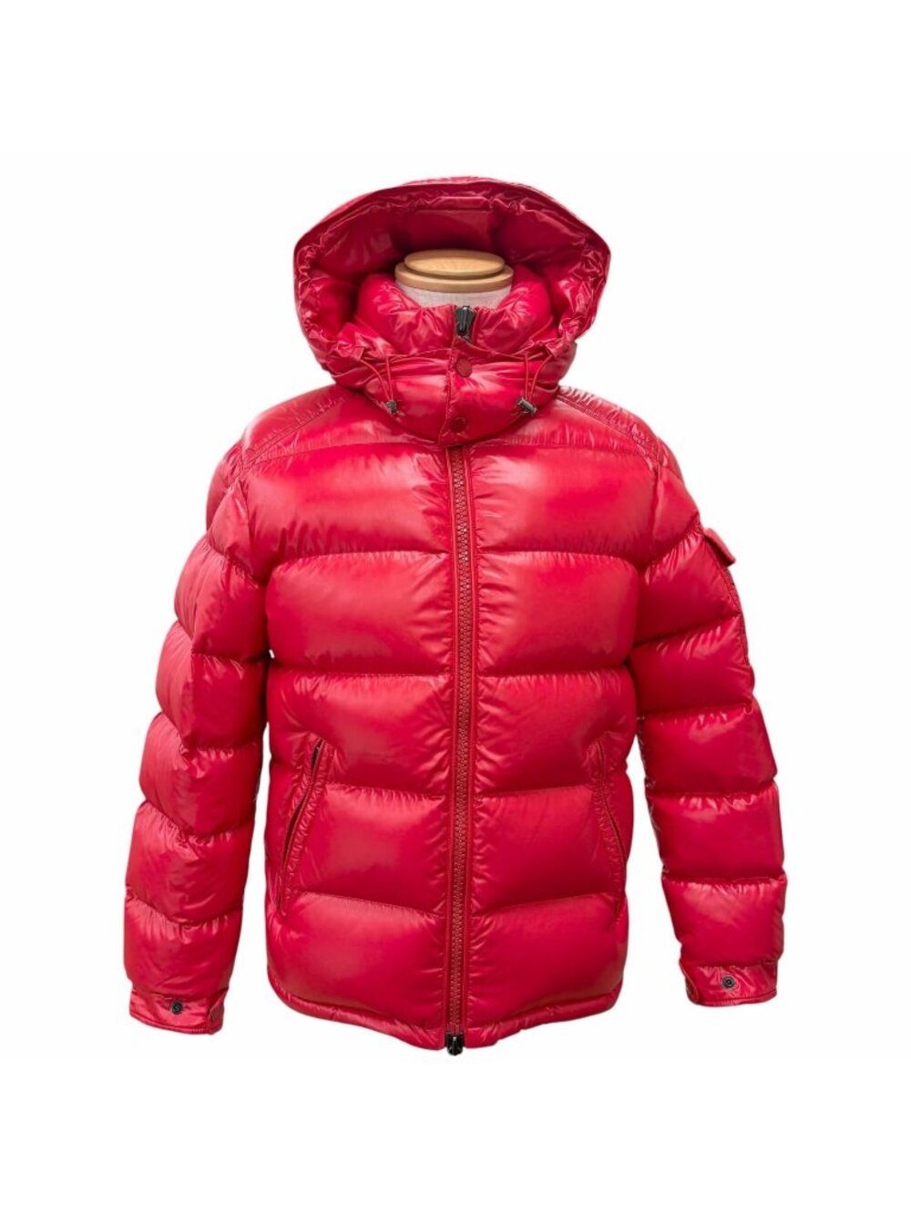 Moncler Maya Logo Patch Hooded Double Zip Down Jacket Red 0
